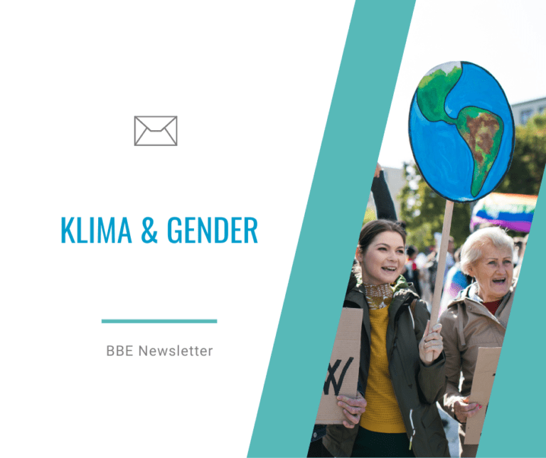 Grafik mit Foto von zwei Frauen, jung und alt, die eine Weltkugel aus Pappe nach oben halten. Dazu ein Brief-Icon und der Text: BBE-Newsletter: Klima und Gender. Im Hintergrund eine Regenbogen-Flagge.